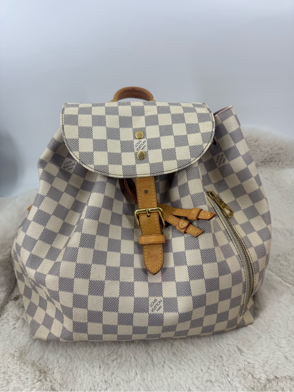 Louis Vuitton Damier Azur Canvas Backpack - Cream & Tan Leather